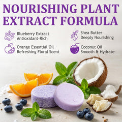 Blueberry Fields conditioner bar applying to lengths for smoother, frizz-controlled hair.