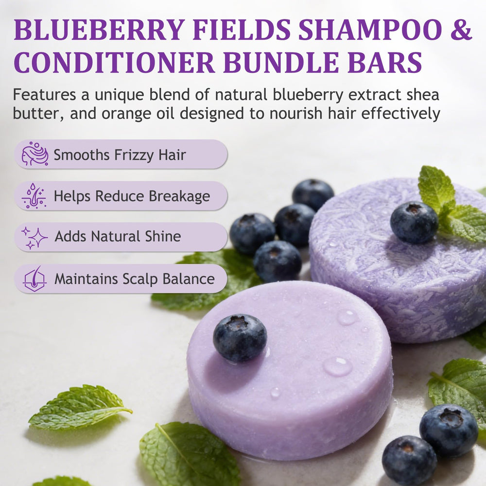 Blueberry Fields conditioner bar packaging highlighting compact, spill free use.