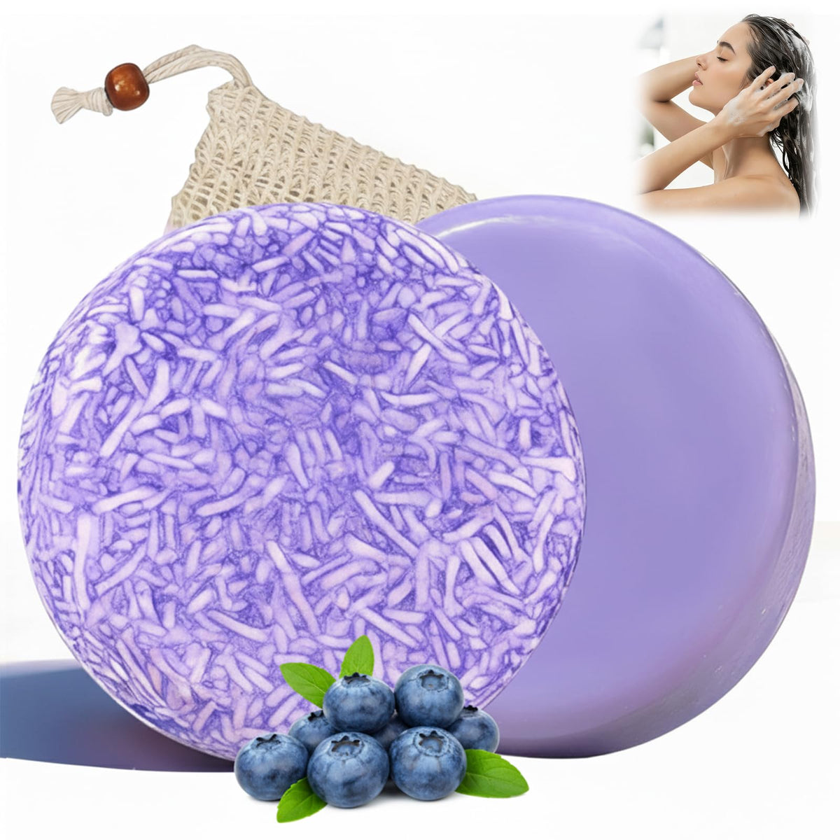 Blueberry Fields shampoo bar foam on scalp, cleansing and refreshing the hair.