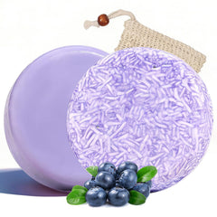 Blueberry Fields shampoo bar packaging indicating travel friendly design.