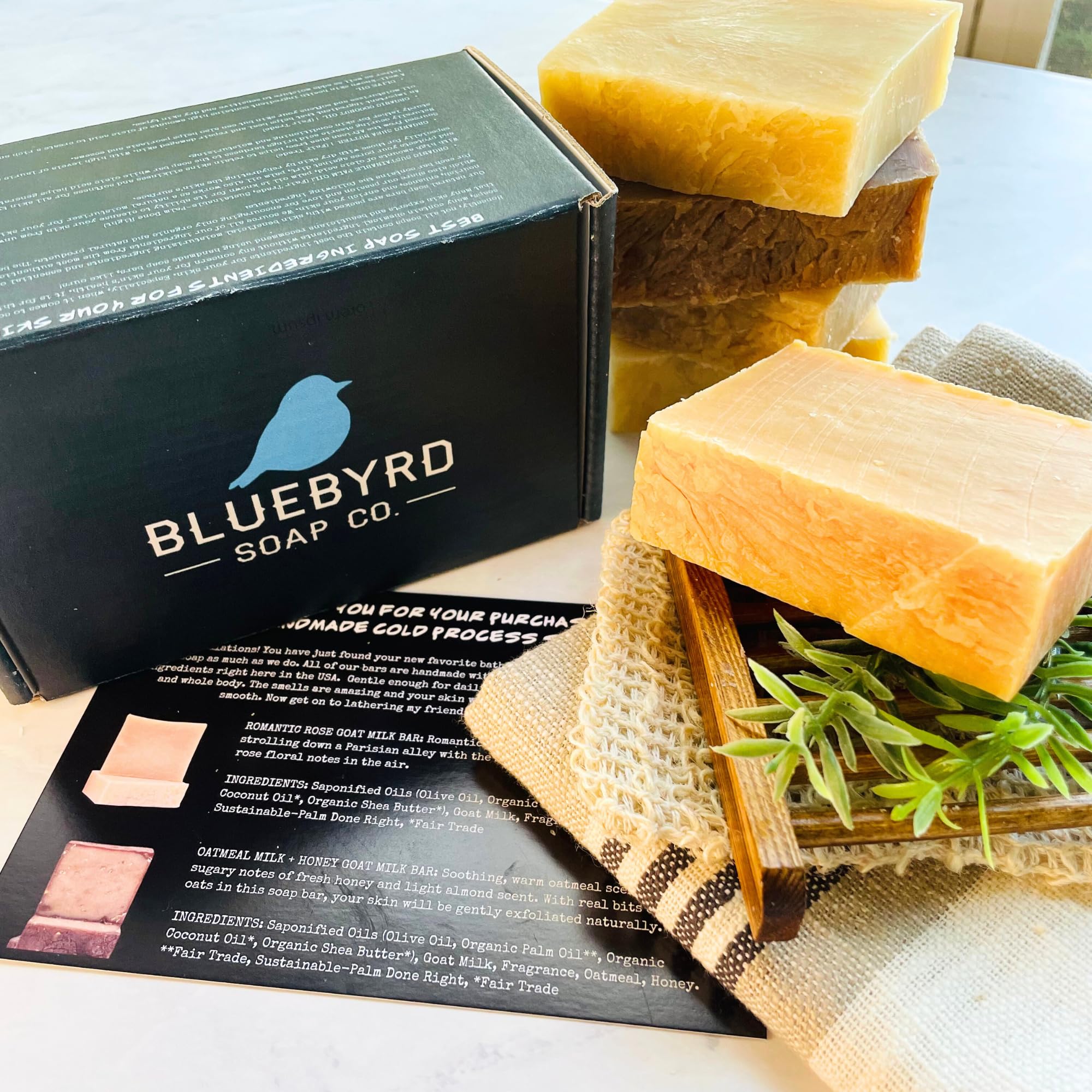 Bluebyrd Goat Milk Soap Gift Box arranged for gifting with five scented bars.