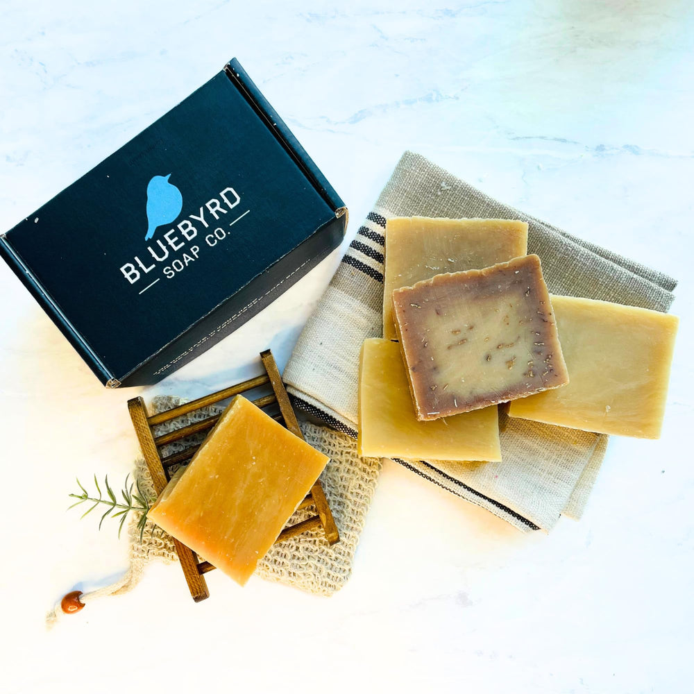 Bluebyrd Goat Milk Soap Oatmeal Milk & Honey bar with creamy lather for soothing cleansing.