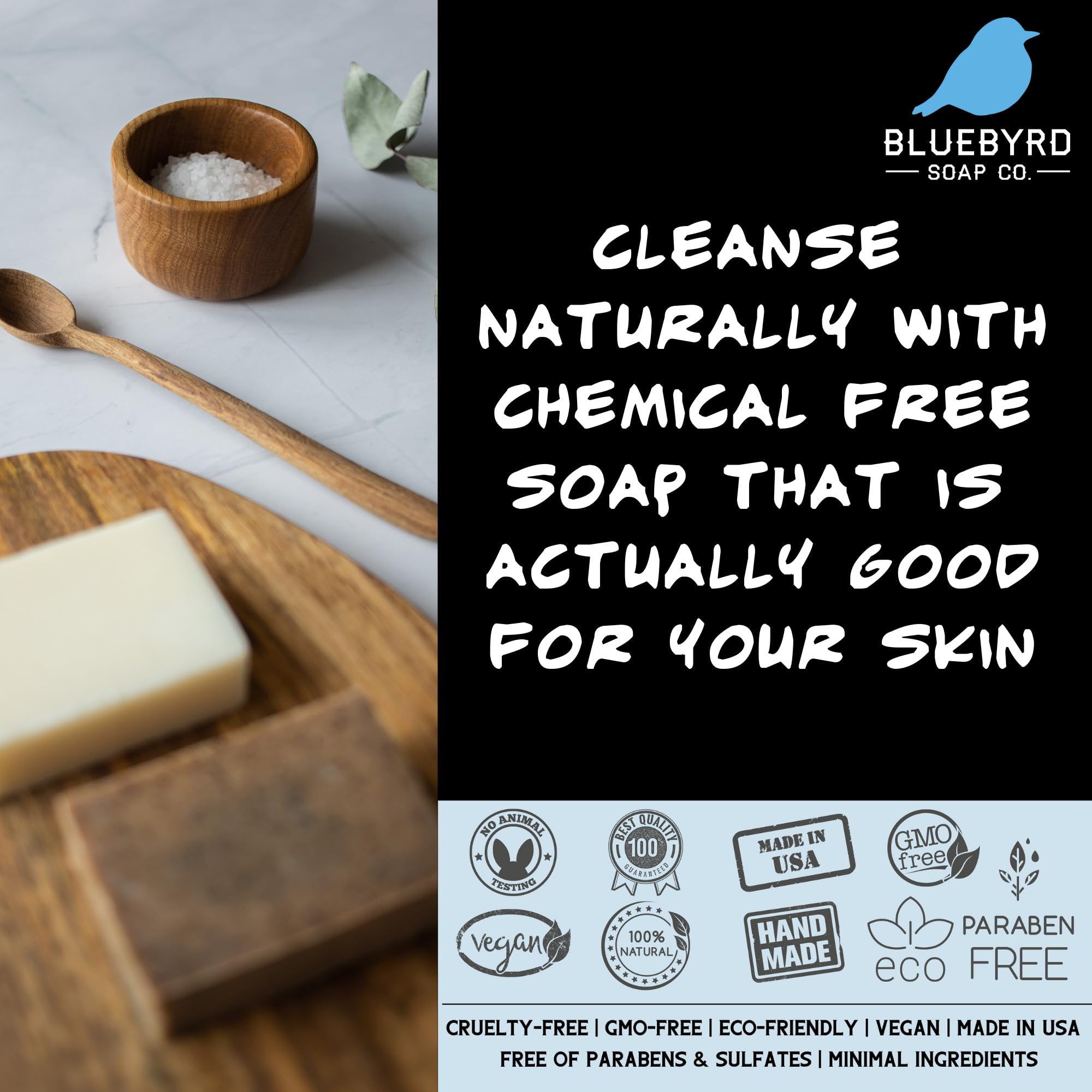 Bluebyrd Goat Milk Soap Set USA handmade label emphasizing artisanal quality for sensitive skin.