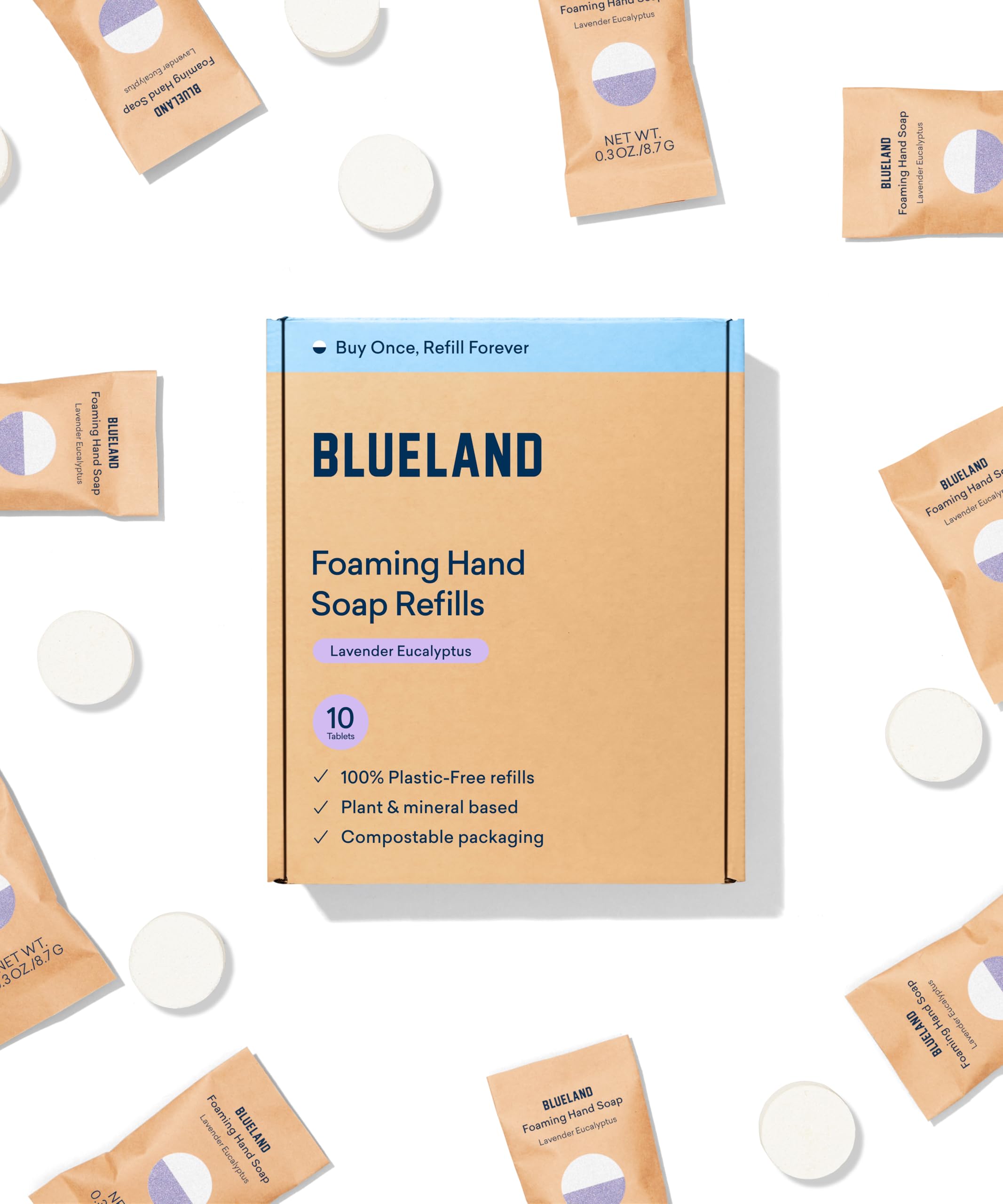 BLUELAND refill tablet dissolving to create foaming hand soap.