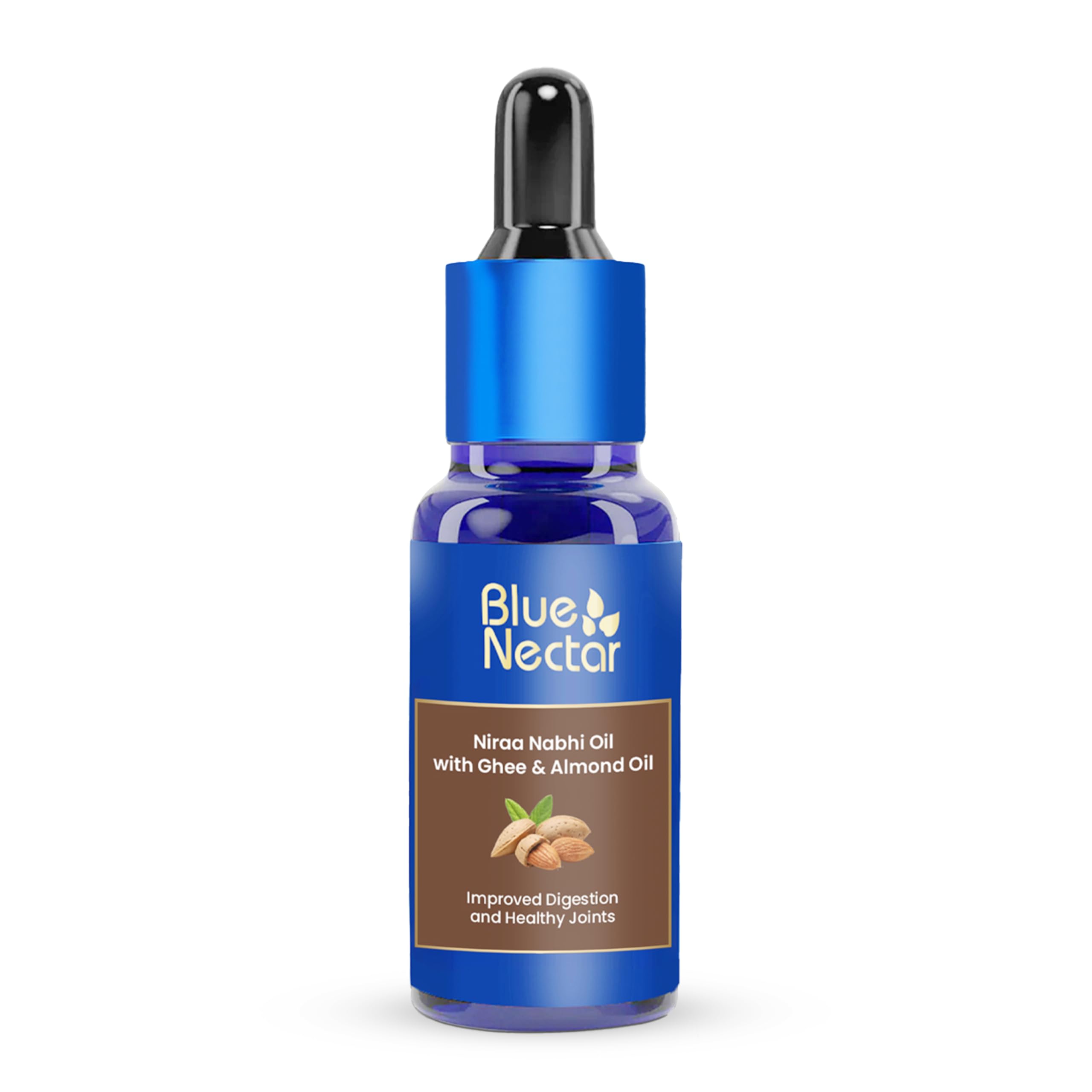 Blue Nectar Nabhi Oil bottle pour shows easy daily use for digestive comfort.