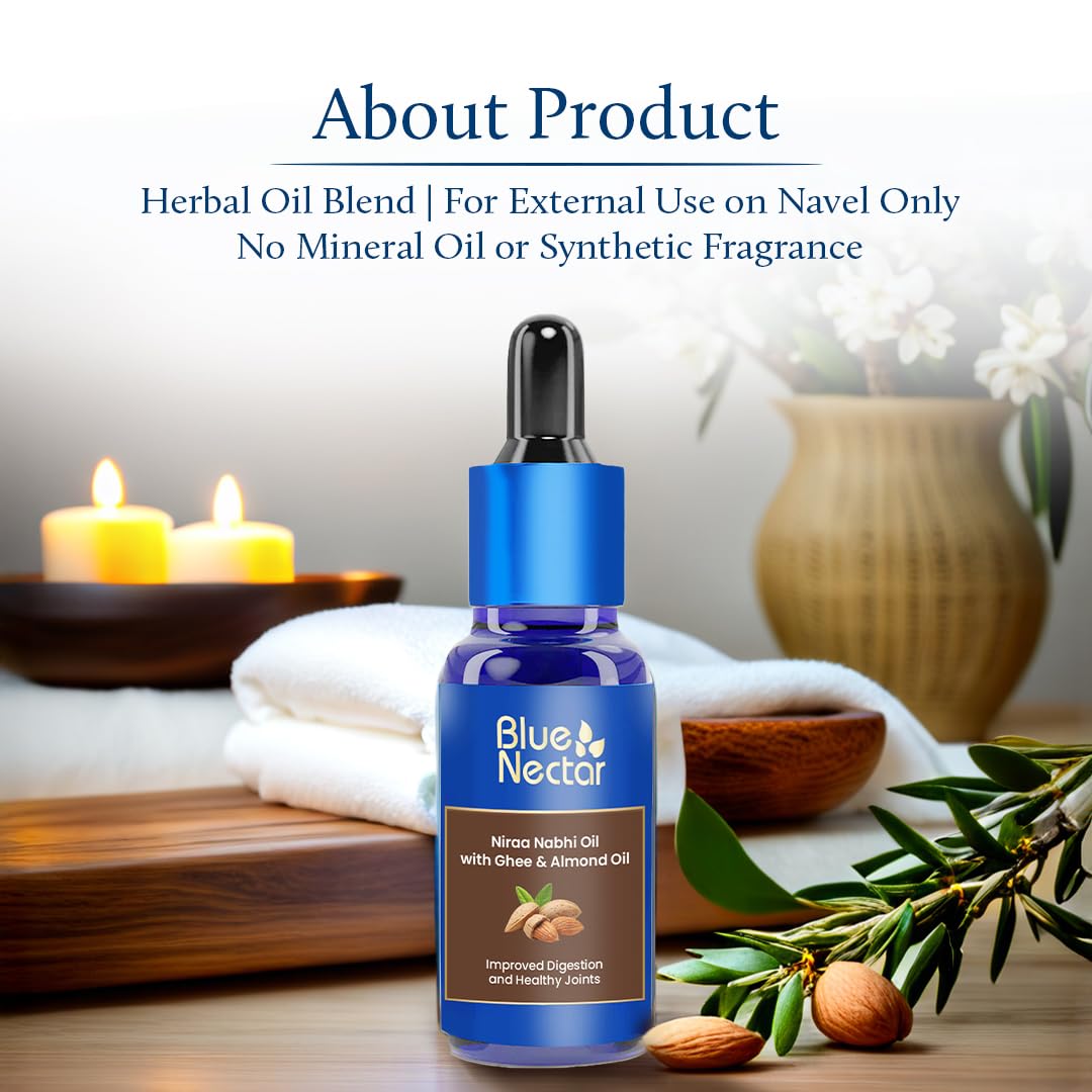 Blue Nectar Nabhi Oil digestive calm visuals imply comfort after meals.