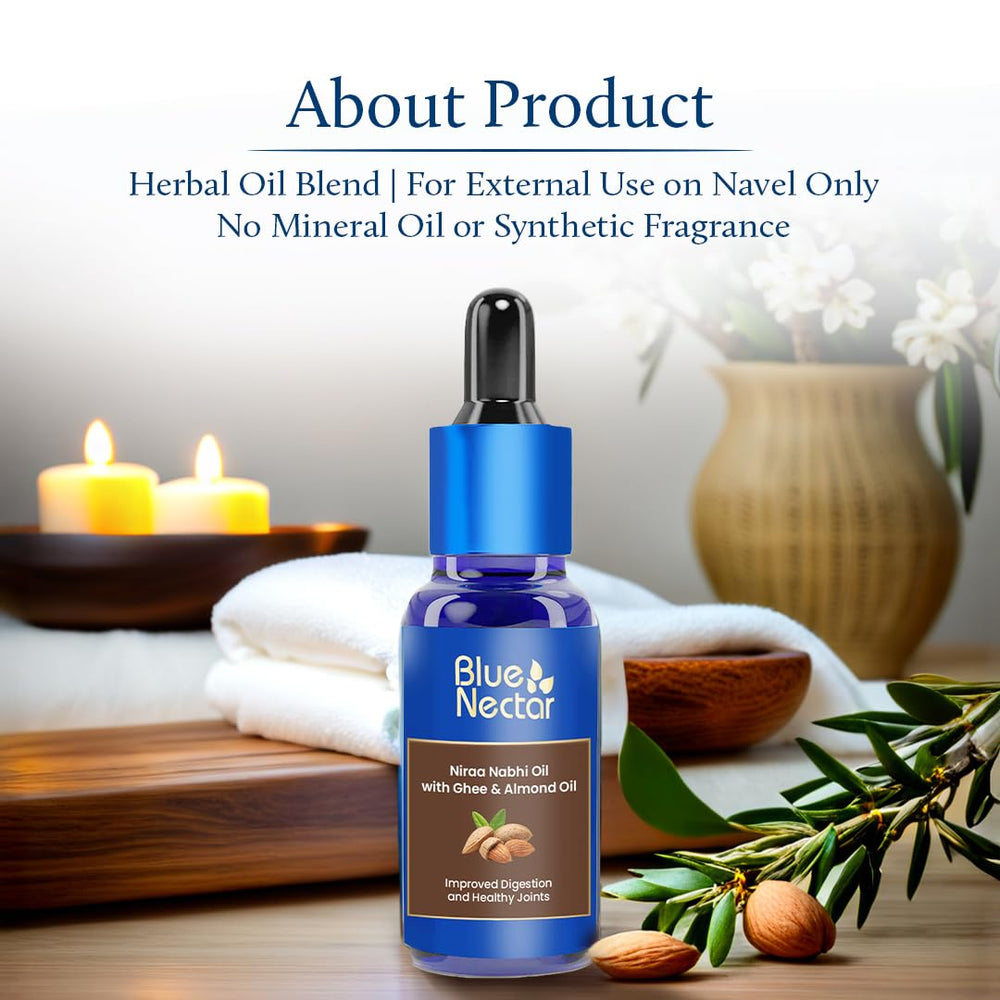 Blue Nectar Nabhi Oil digestive calm visuals imply comfort after meals.