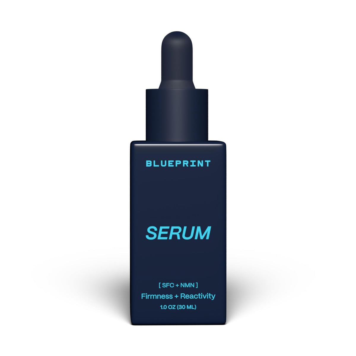 Blueprint Bryan Johnson facial serum bottle close-up showing SFC-NMN power for smoother skin