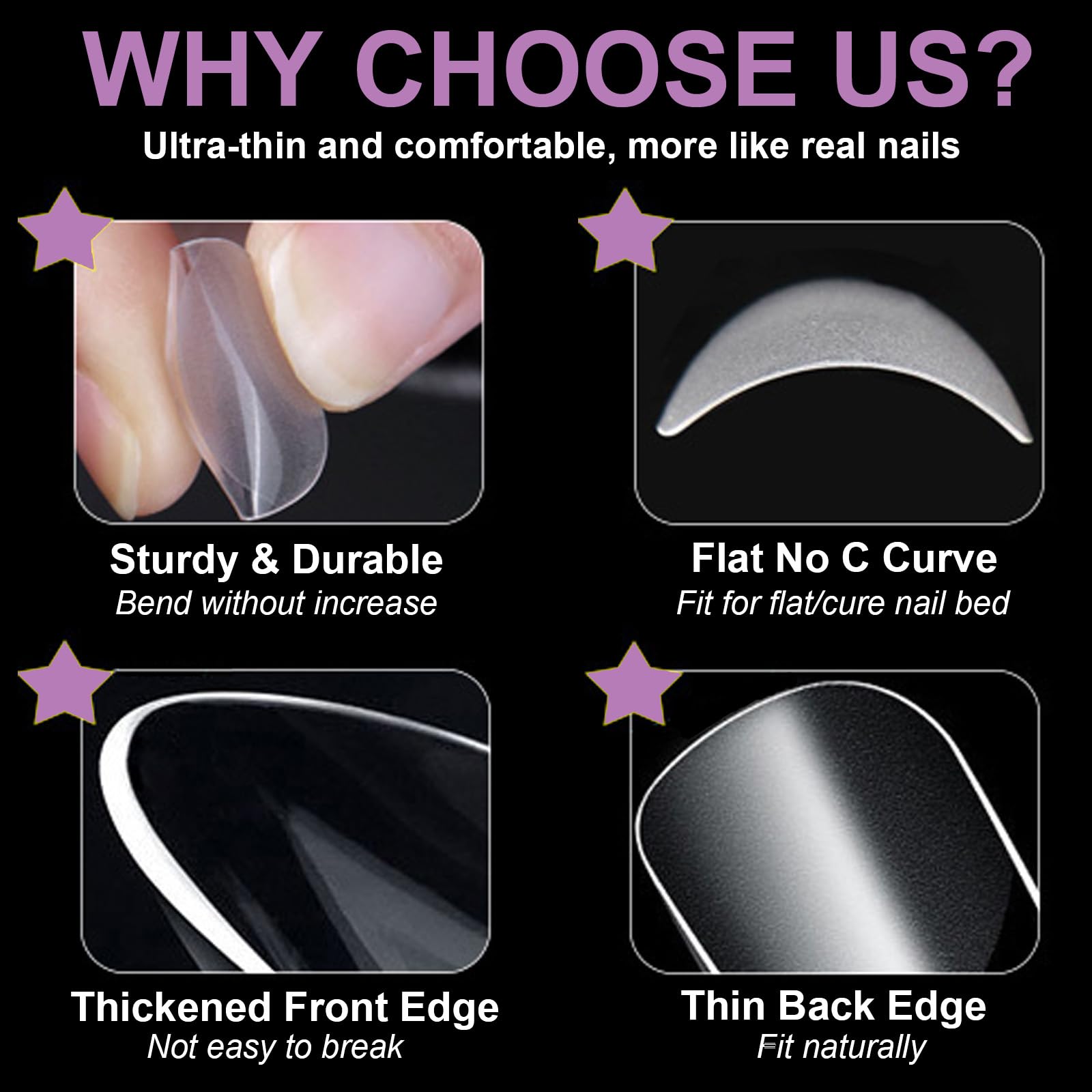 BlueZOO soft gel PMMA material close-up shows thin, natural-looking tips.