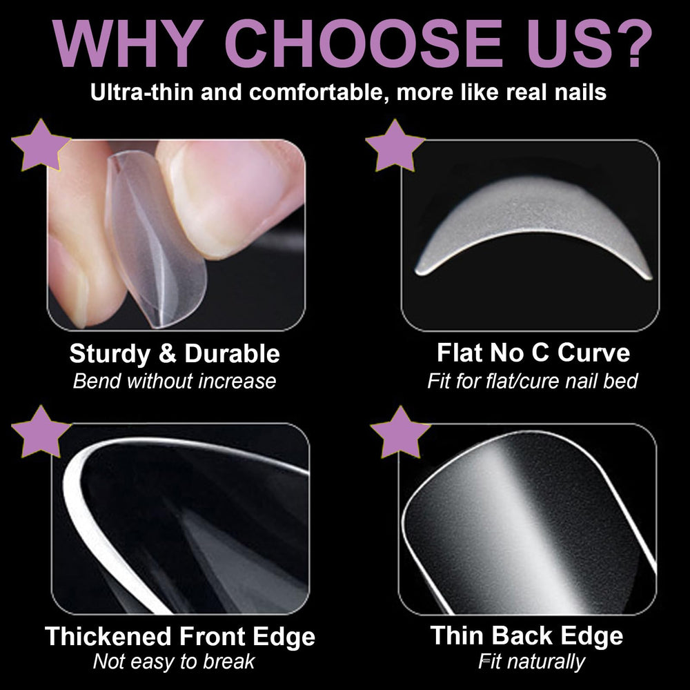 BlueZOO soft gel PMMA material close-up shows thin, natural-looking tips.