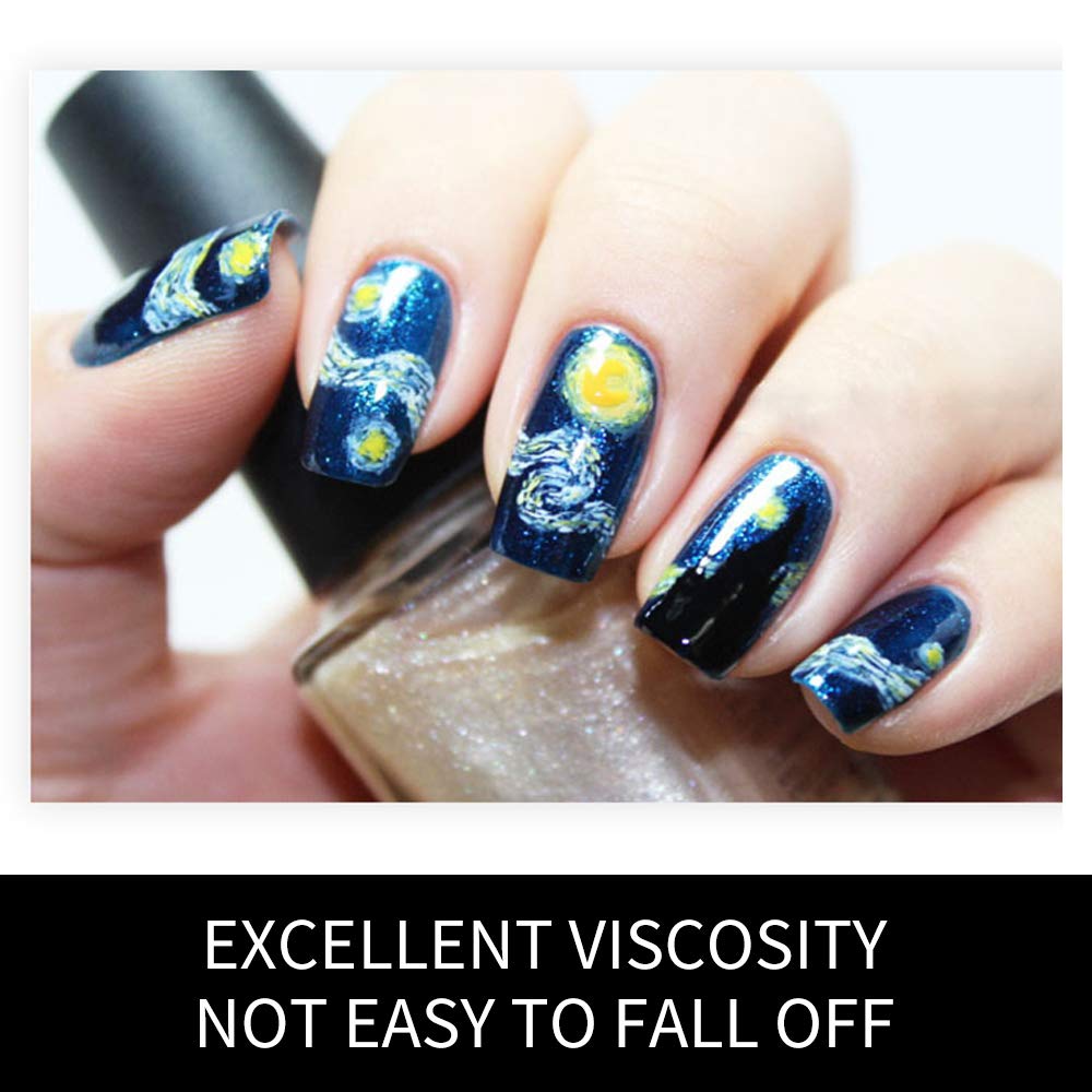 Close-up view of Van Gogh Starry Night decal glitter detail on nails by BlueZOO.
