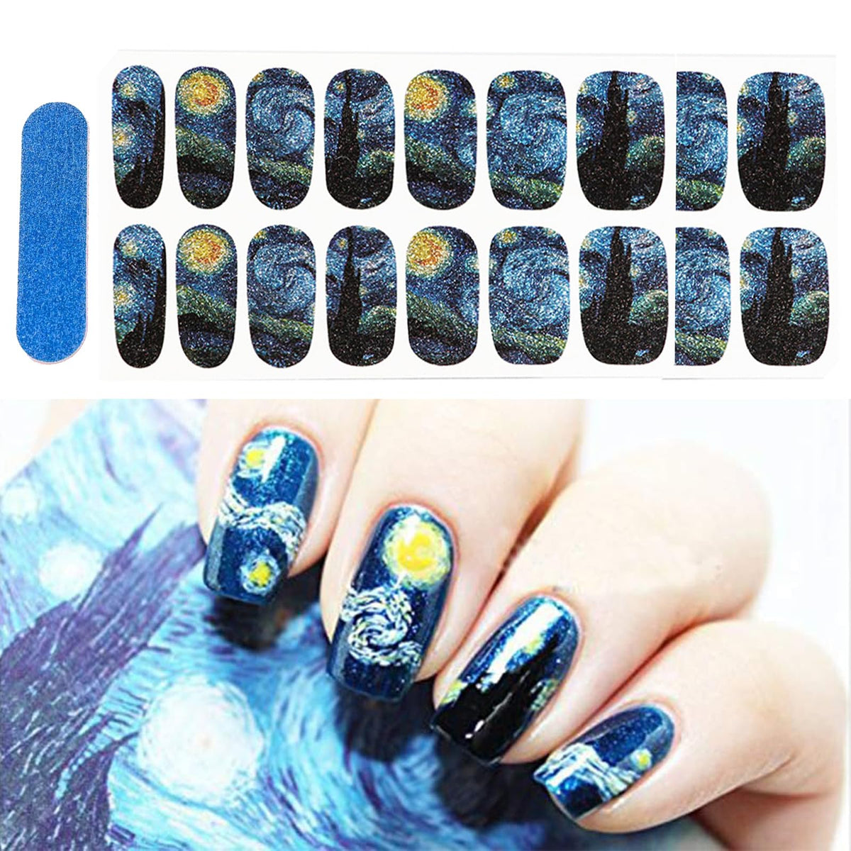 BlueZOO Van Gogh Starry Night full-nail stickers with glittery finish on sheet, eye-catching design.