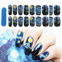 BlueZOO Van Gogh Starry Night full-nail stickers with glittery finish on sheet, eye-catching design.