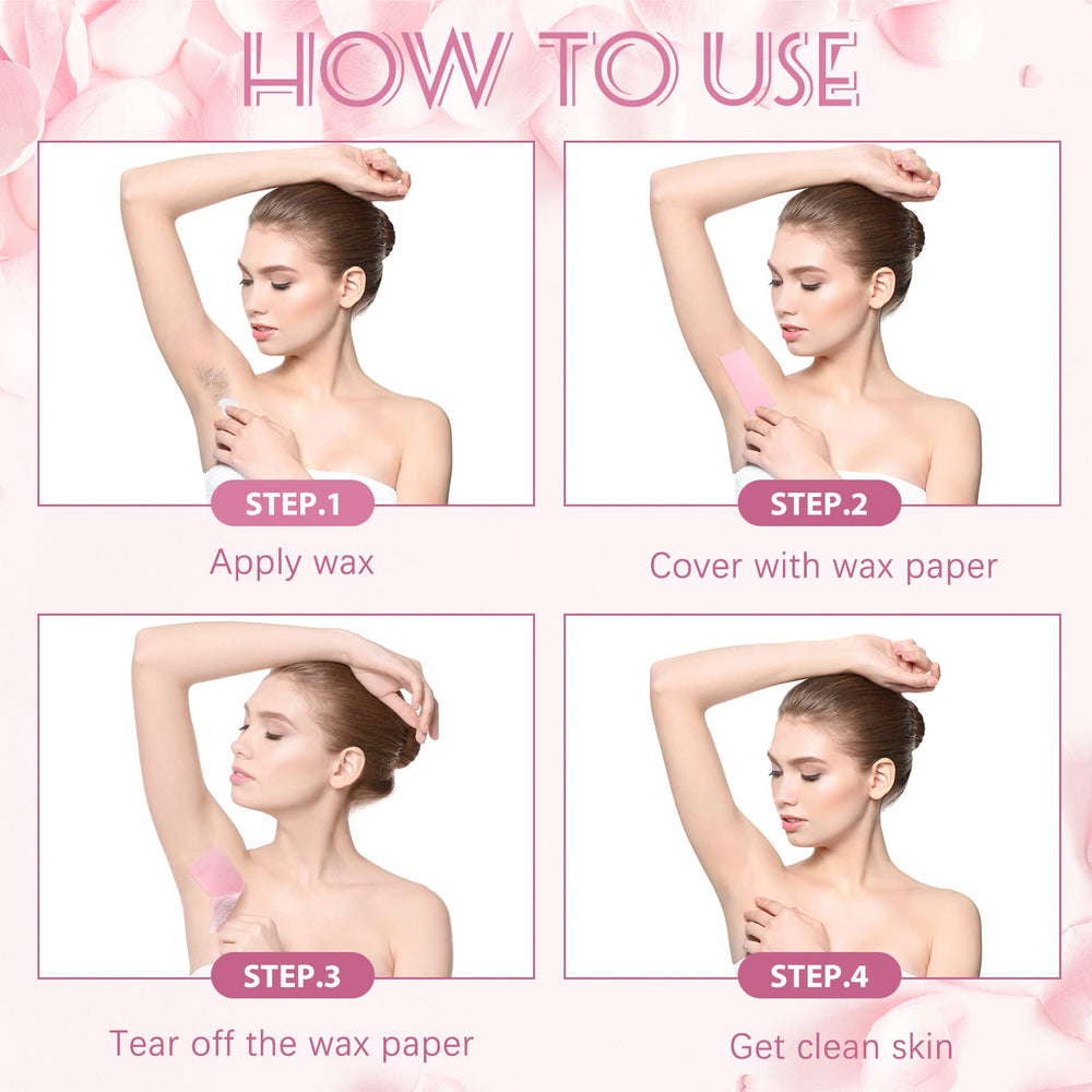 Blulu application step shows wax applied to skin before strip