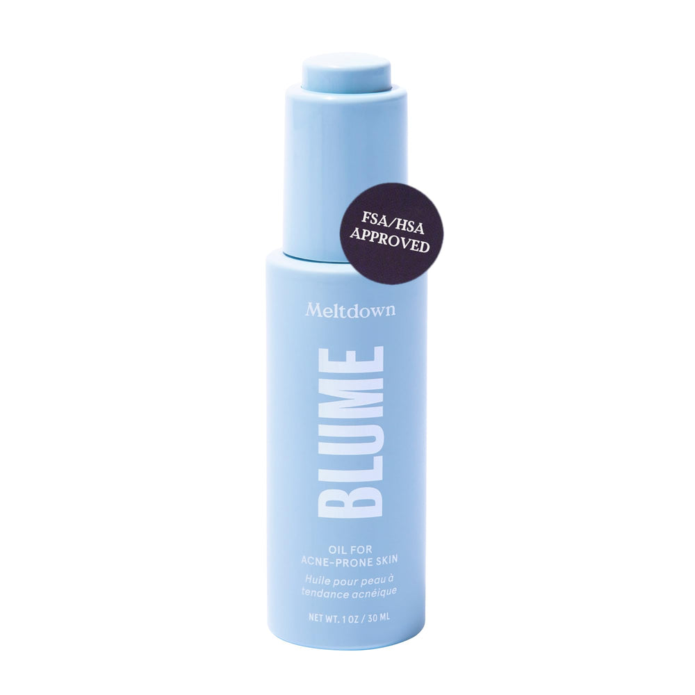 Blume Meltdown blue tansy bottle highlights soothing, redness-reducing skincare for acne-prone skin.