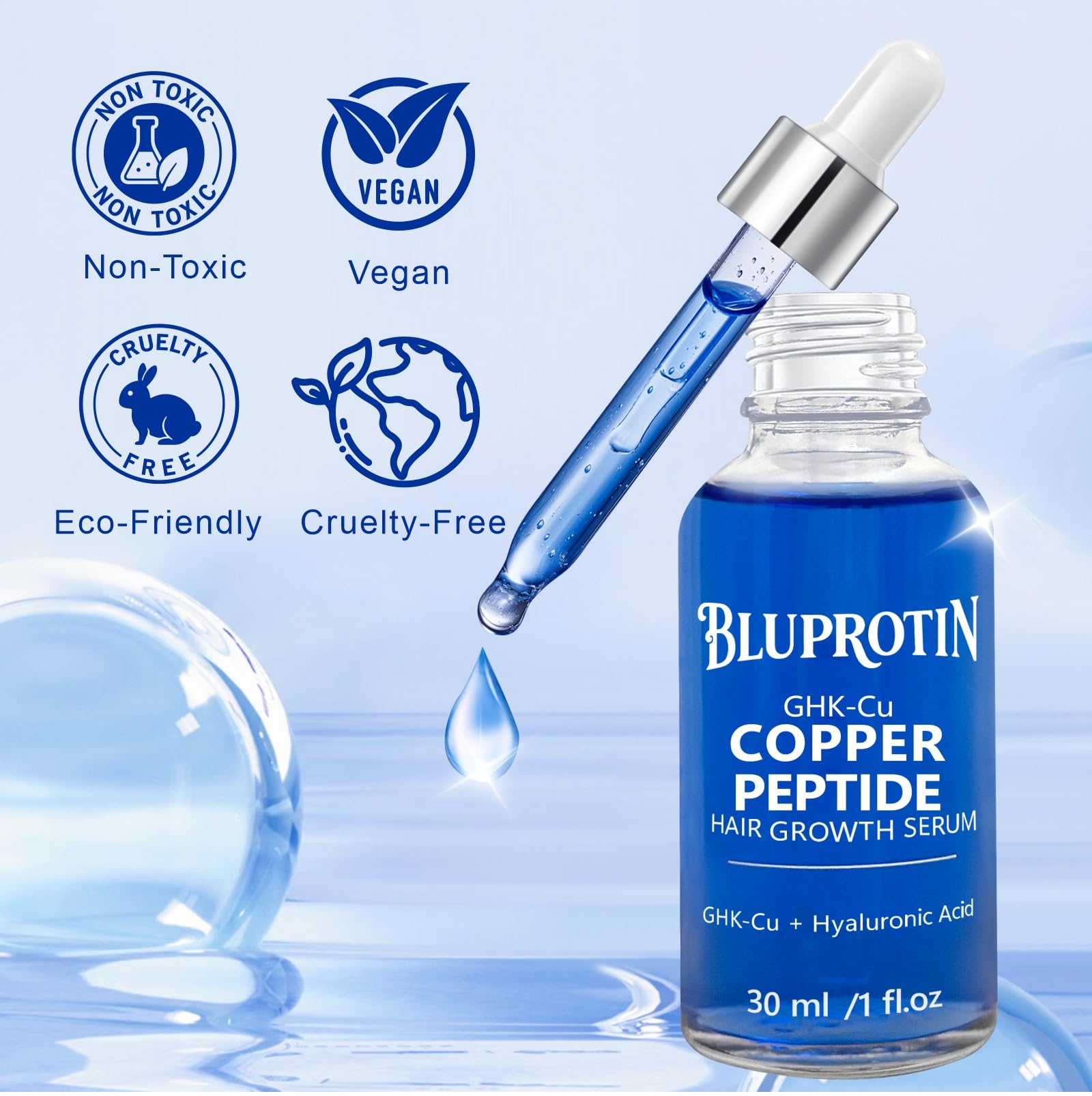 BLUPROTIN serum drops applied to scalp for targeted growth support.