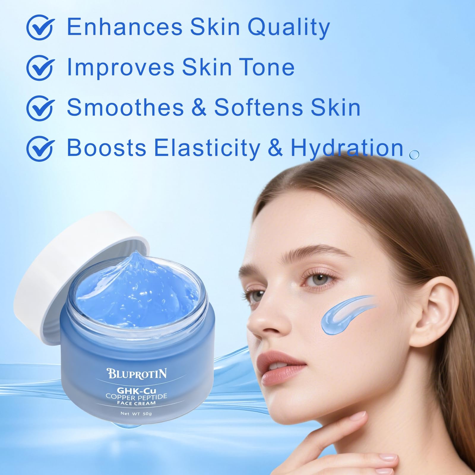 BLUPROTIN GHK-Cu peptide benefits image emphasizes elasticity.