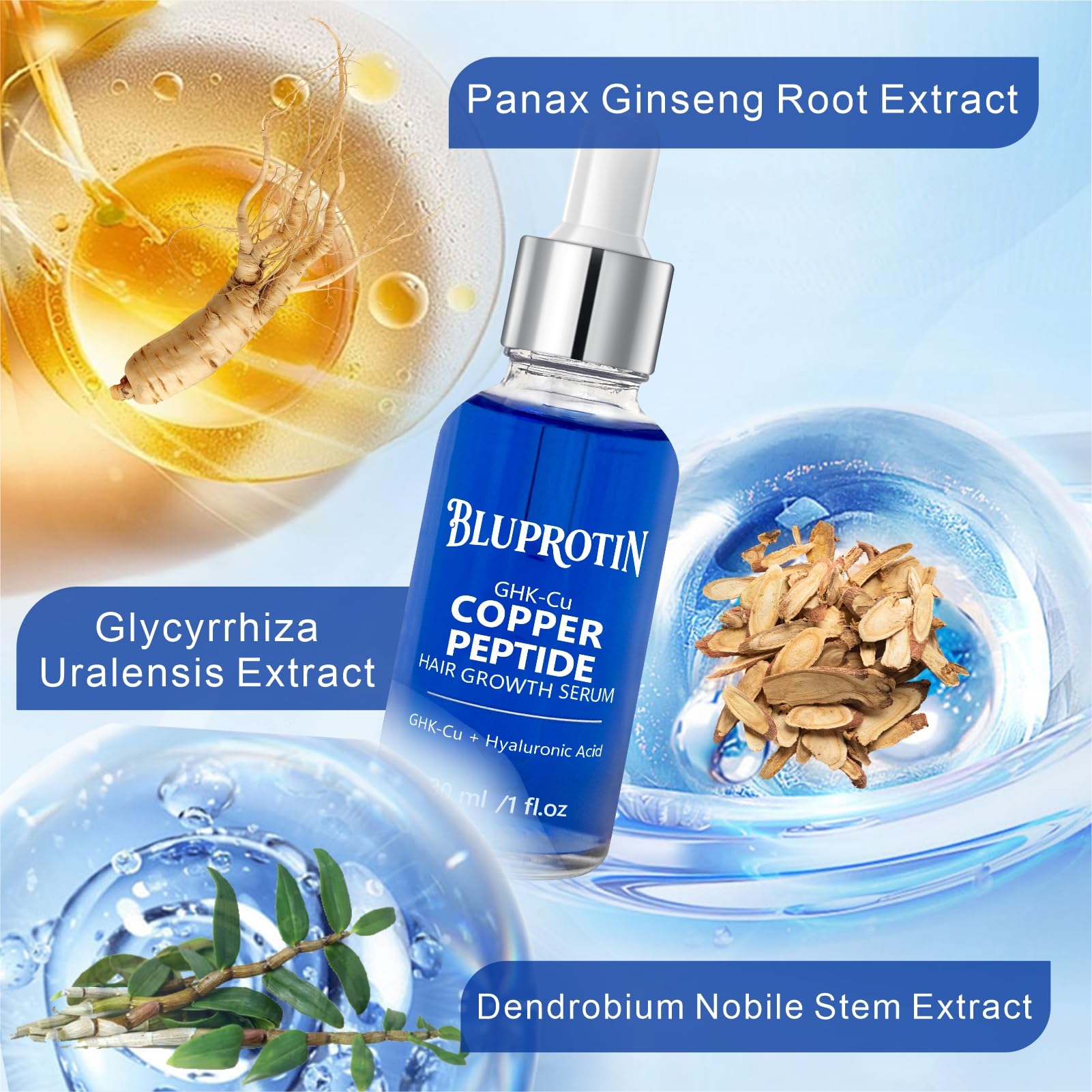 BLUPROTIN ingredients include licorice, dendrobium, and ginseng for scalp nourishment.