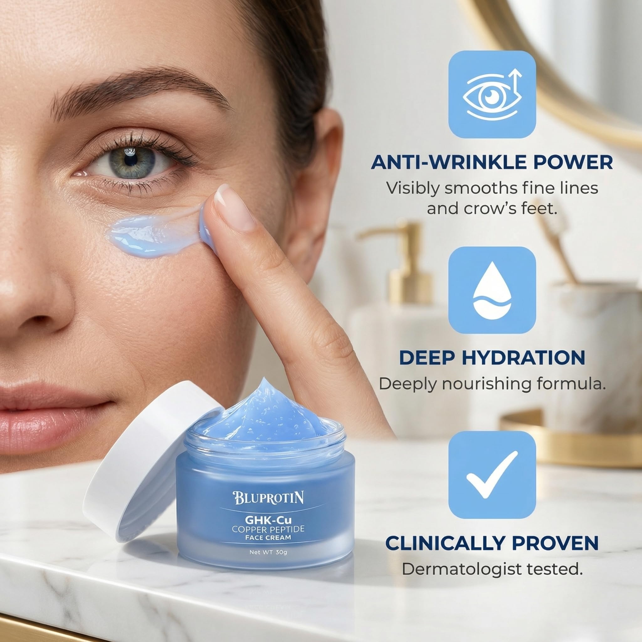 BLUPROTIN skin elasticity boost visualized for a lifted look.