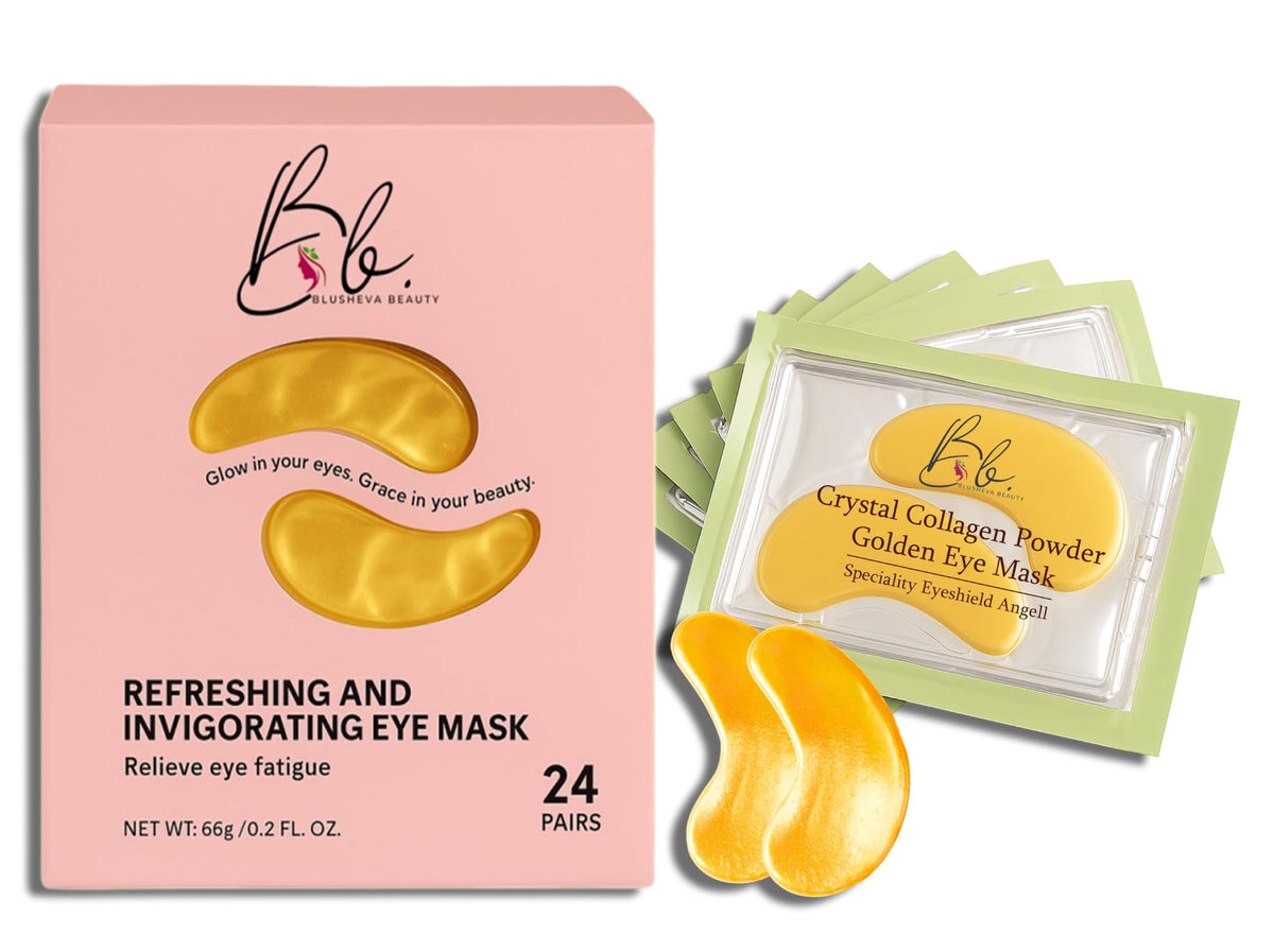 Blusheva Beauty gold under eye masks packaging, inviting daily self-care and spa-like routines.
