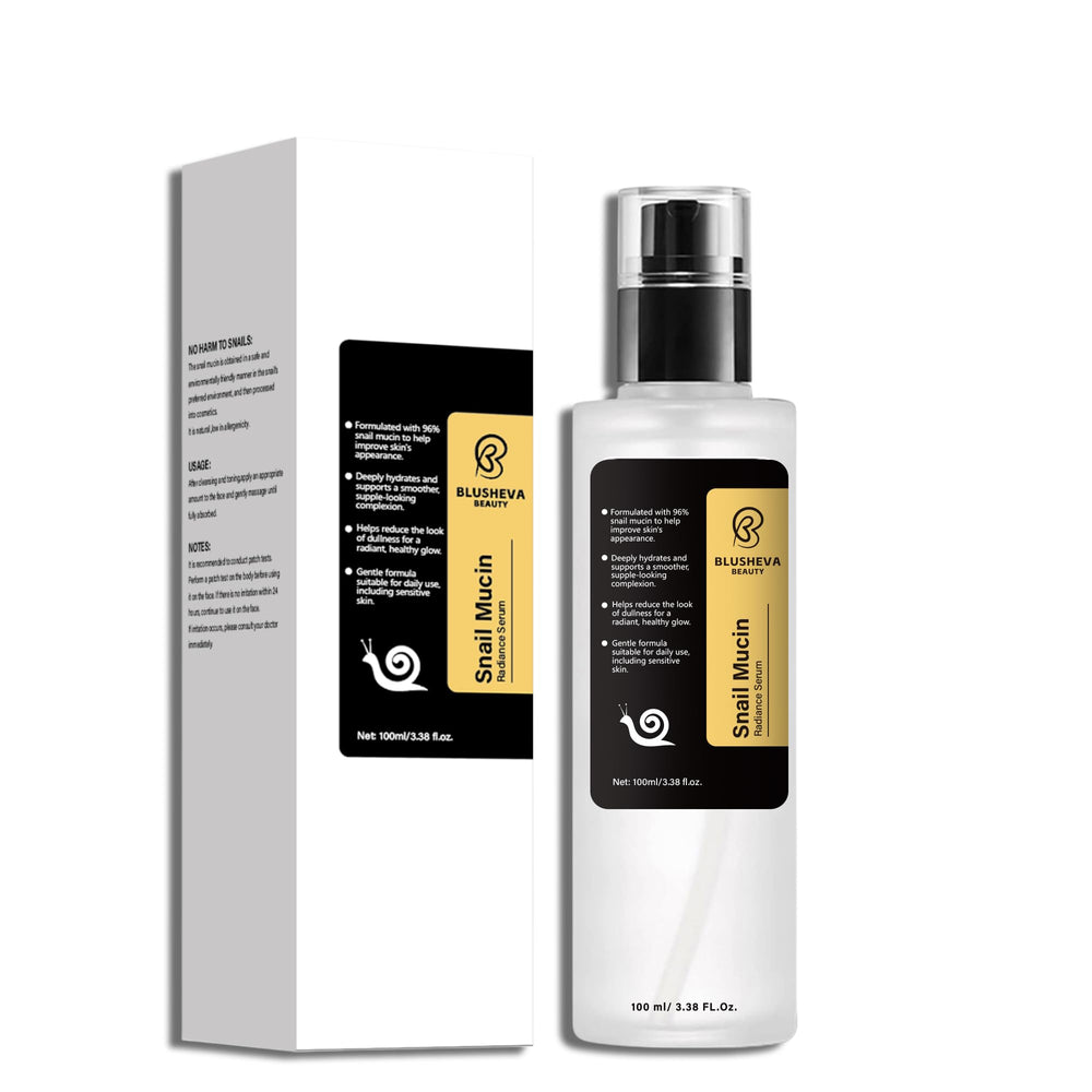 Blusheva Beauty Snail Mucin Radiance Serum bottle pour for fast‑absorbing hydration.