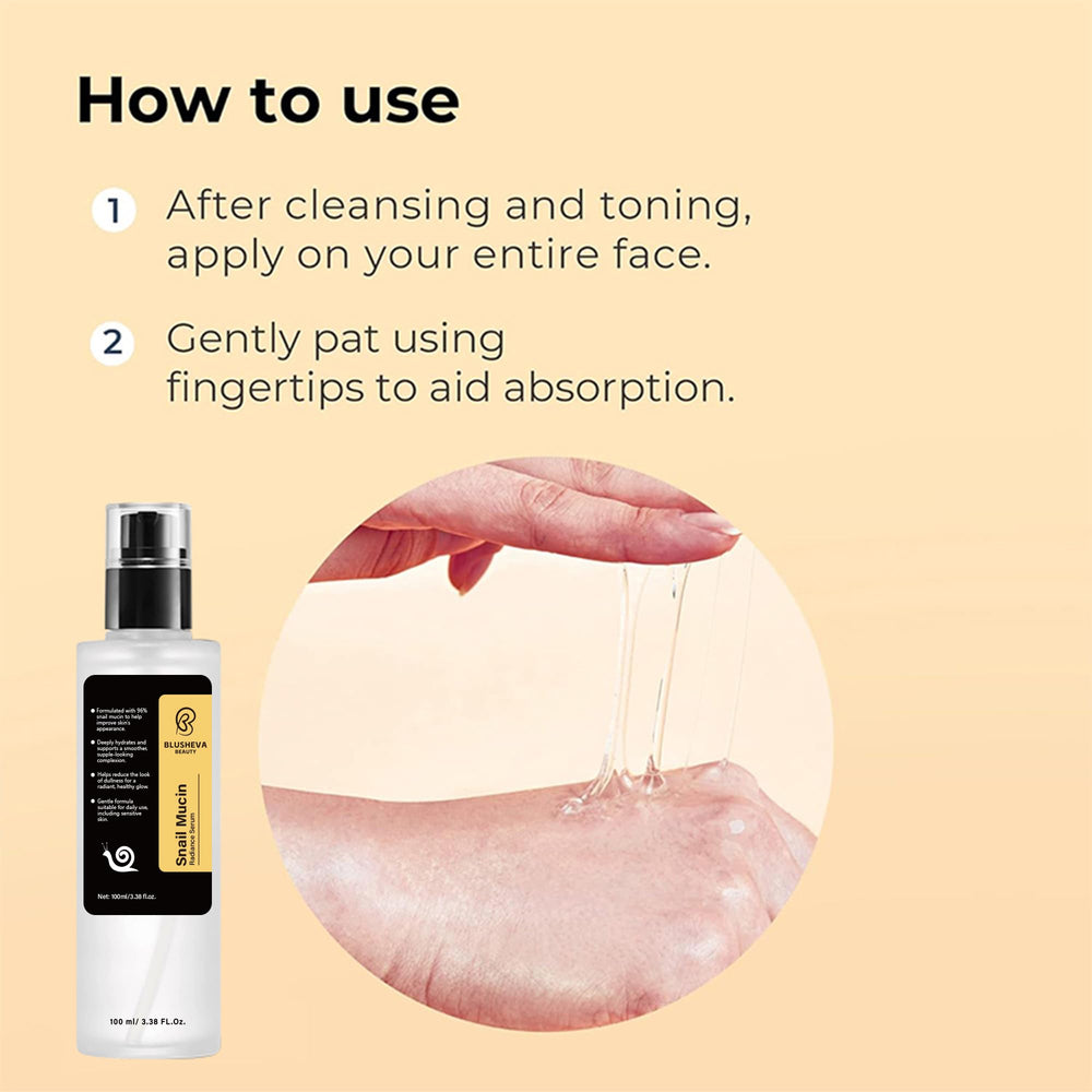 Blusheva Beauty Snail Mucin Radiance Serum droplets on hand illustrating rapid absorption.