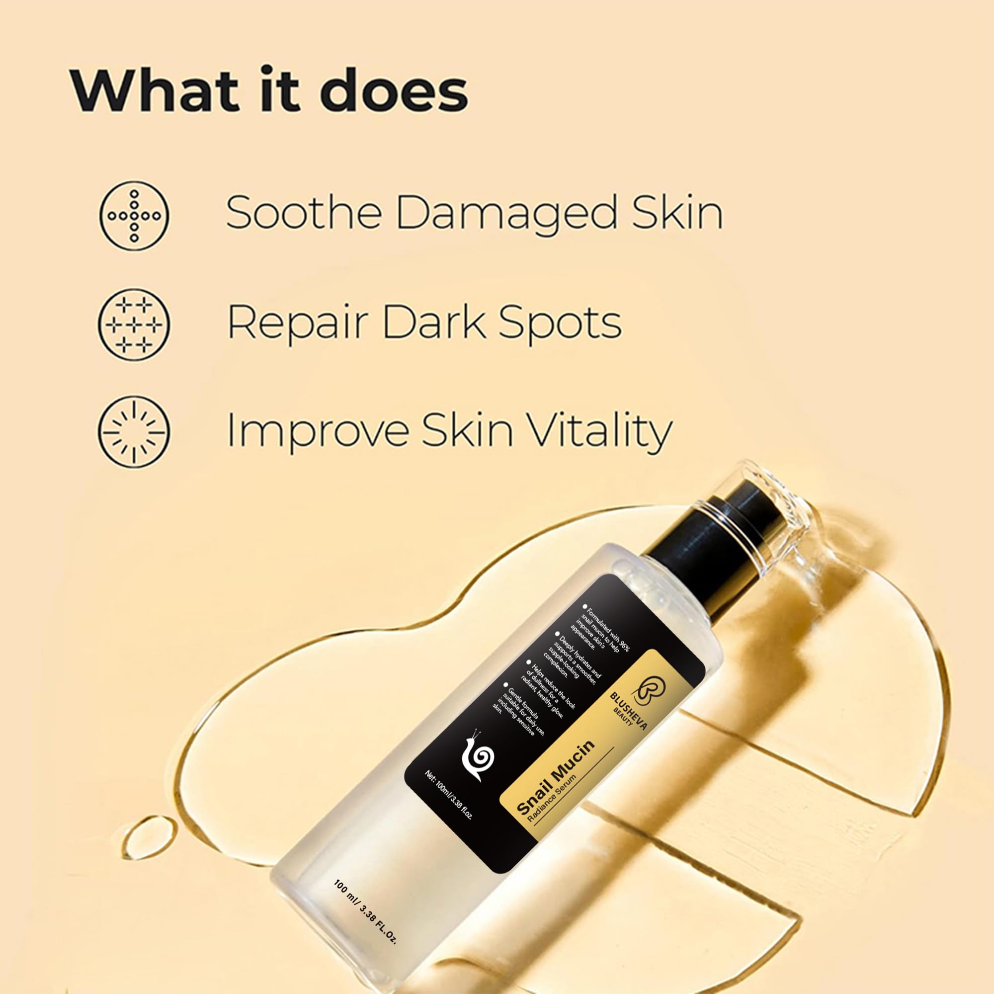 Blusheva Beauty Snail Mucin Radiance Serum jar close-up highlighting gentle formula for all skin types.