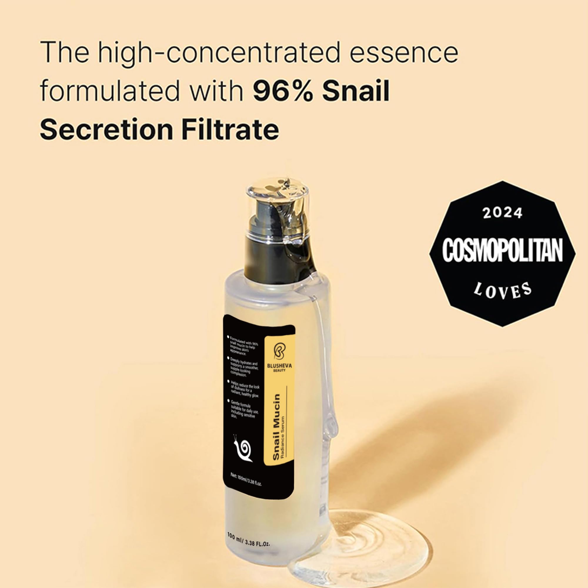Blusheva Beauty Snail Mucin Radiance Serum pump-top close-up for precise application.