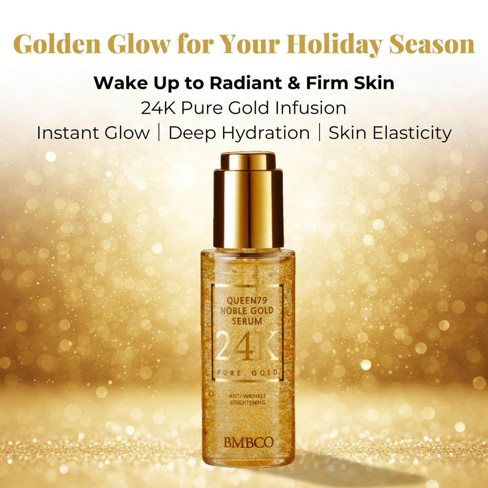 BMBCO 24K gold particles close-up highlights luxurious anti-aging potential.