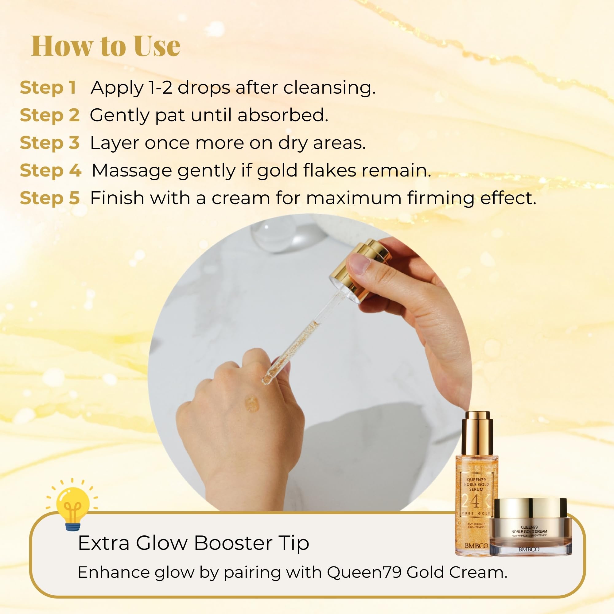 BMBCO gold-serum close-up with shimmer hints at luxurious daily routine.