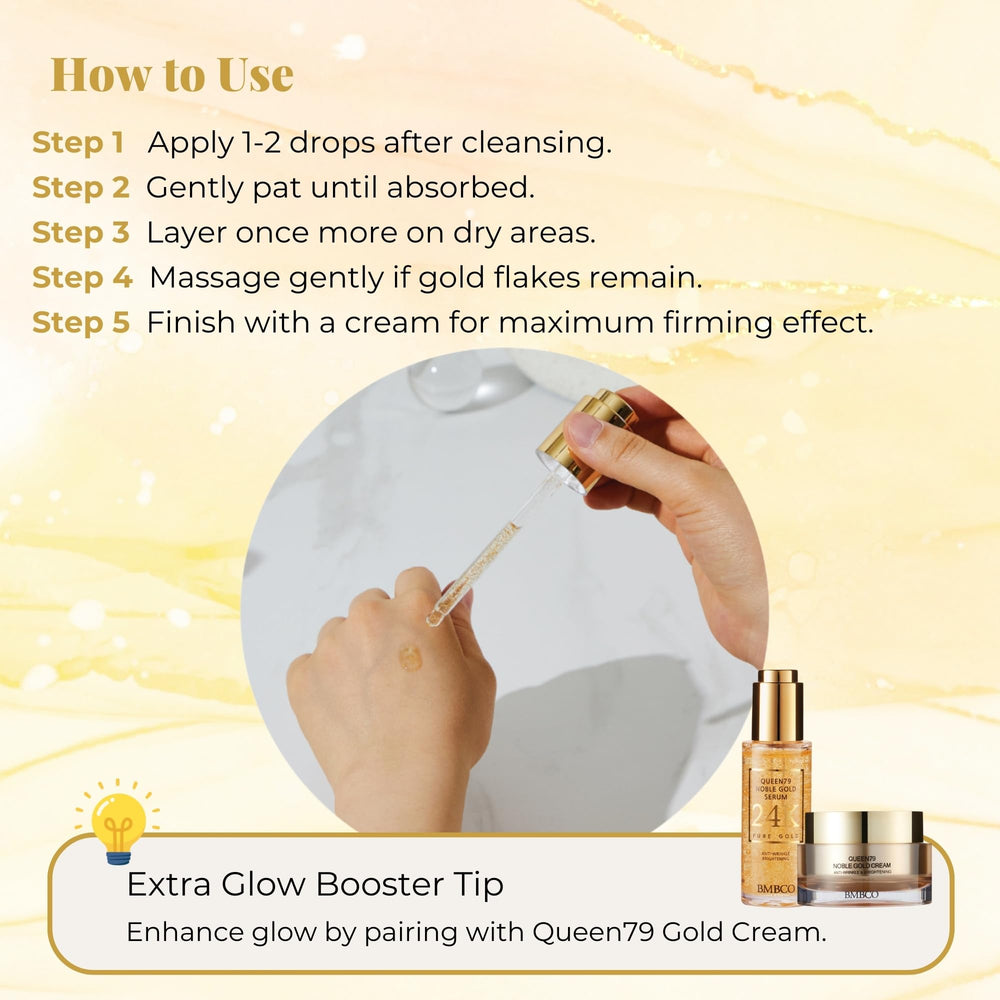 BMBCO gold-serum close-up with shimmer hints at luxurious daily routine.