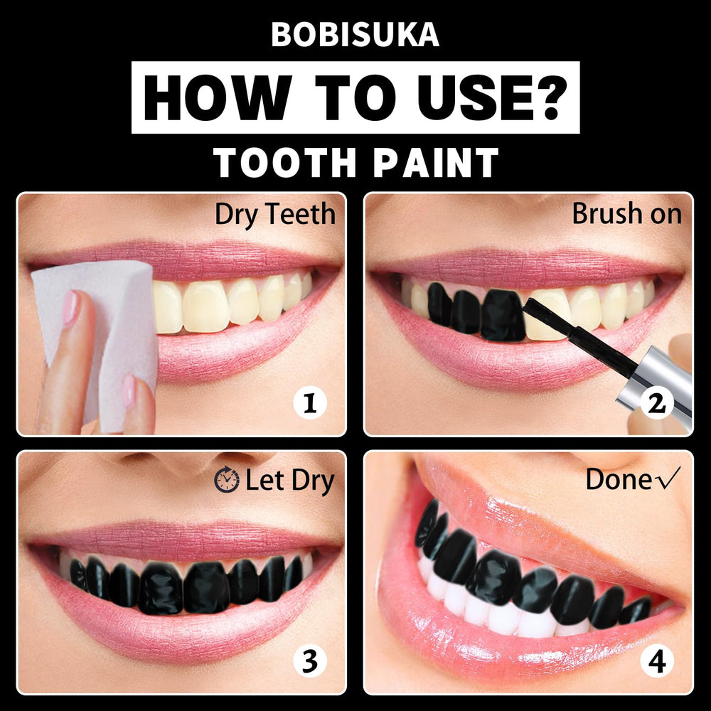 BOBISUKA black tooth paint close-up showing fast-drying formula.
