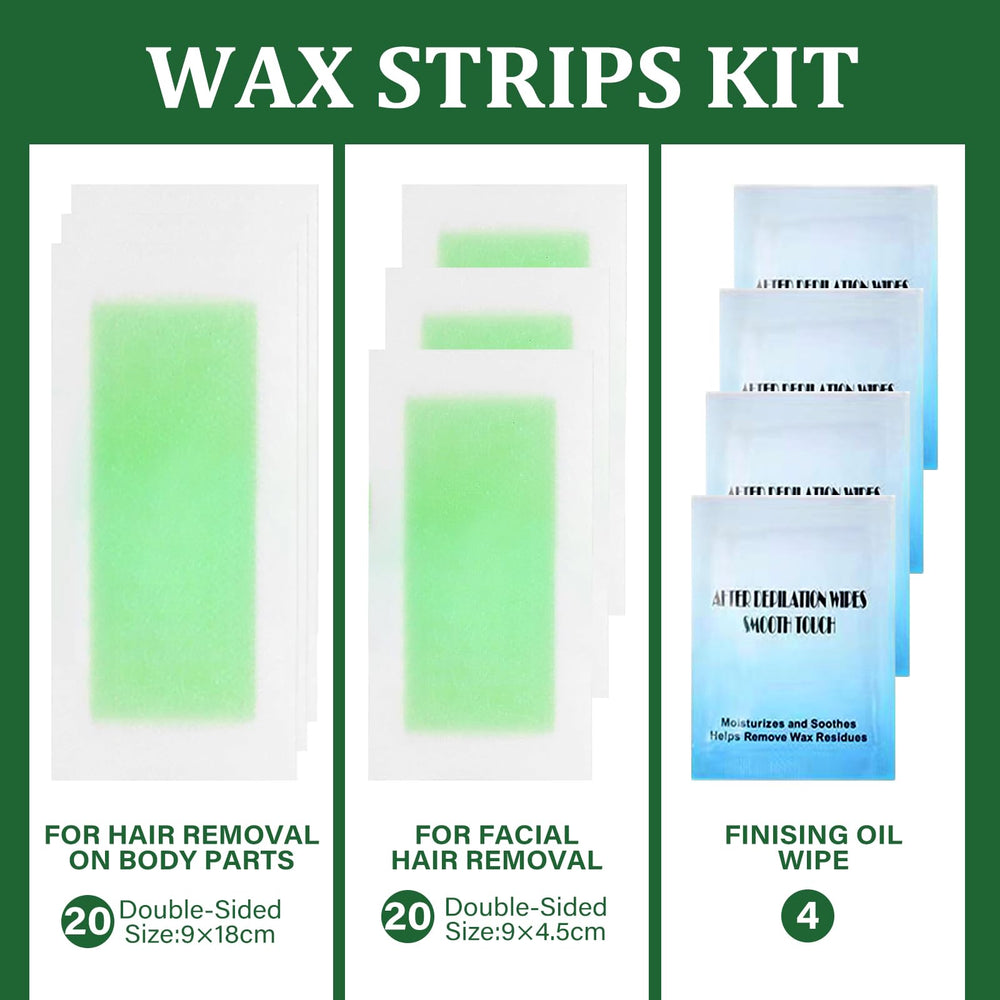 Bocello facial wax strips for precise removal on eyebrows, upper lip and chin.