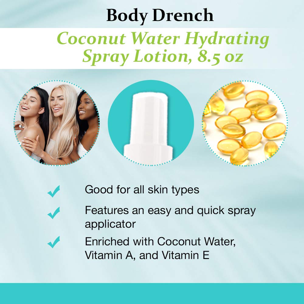 Body Drench Coconut Water Spray Lotion skin close-up reveals lightweight, non-greasy hydration.