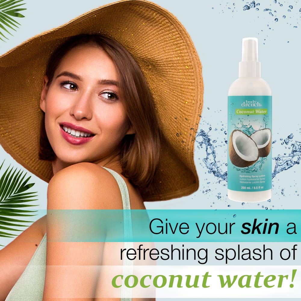 Body Drench Coconut Water Spray Lotion spray application demonstrates quick absorption and even coverage.