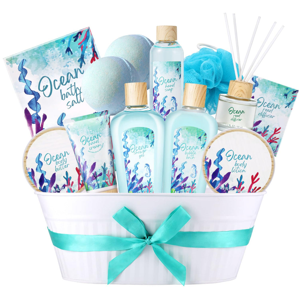 BODY & EARTH 12-piece ocean spa gift basket for at-home pampering and relaxation.