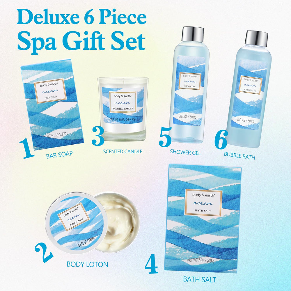 Body & Earth Ocean Gift Basket bath salt invites a soothing soak.