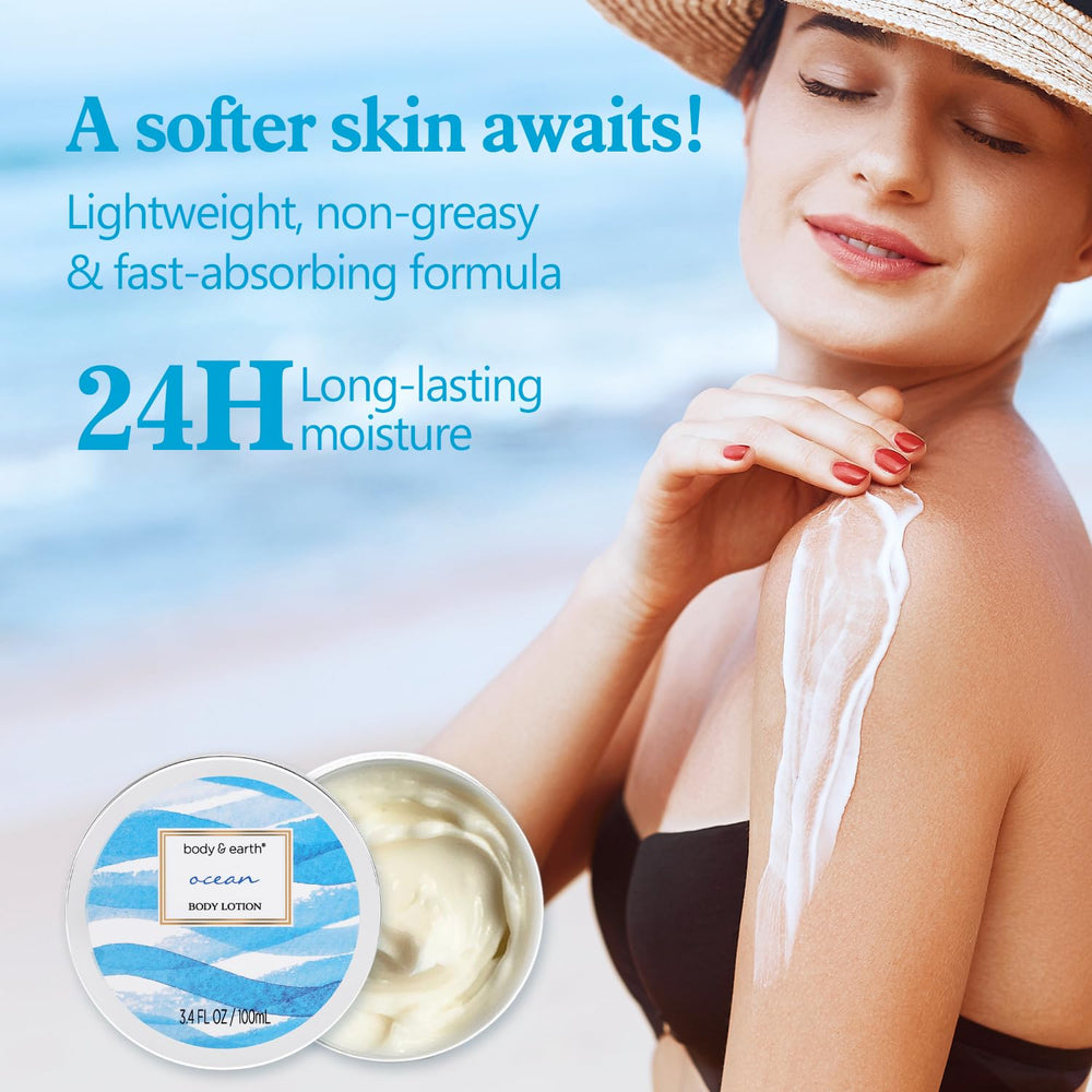 Body & Earth Ocean Gift Basket body lotion nourishes and hydrates skin.