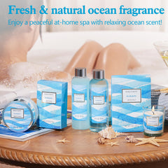 Body & Earth Ocean Gift Basket bubble bath offers relaxing, foamy indulgence.