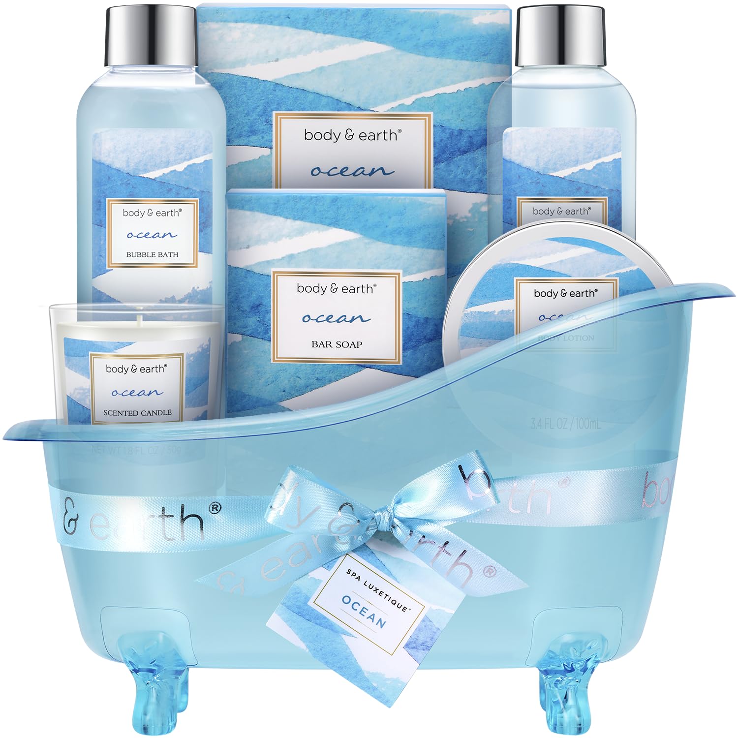 Body & Earth Ocean Gift Basket packaging presents an elegant gift-ready presentation.