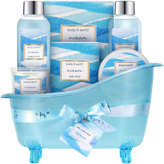 Body & Earth Ocean Gift Basket packaging presents an elegant gift-ready presentation.