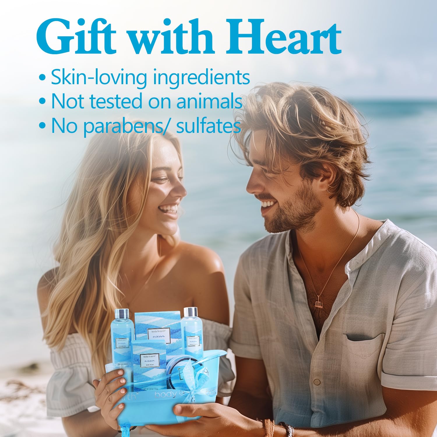 Body & Earth Ocean Gift Basket scented candle enhances a calming ambiance.