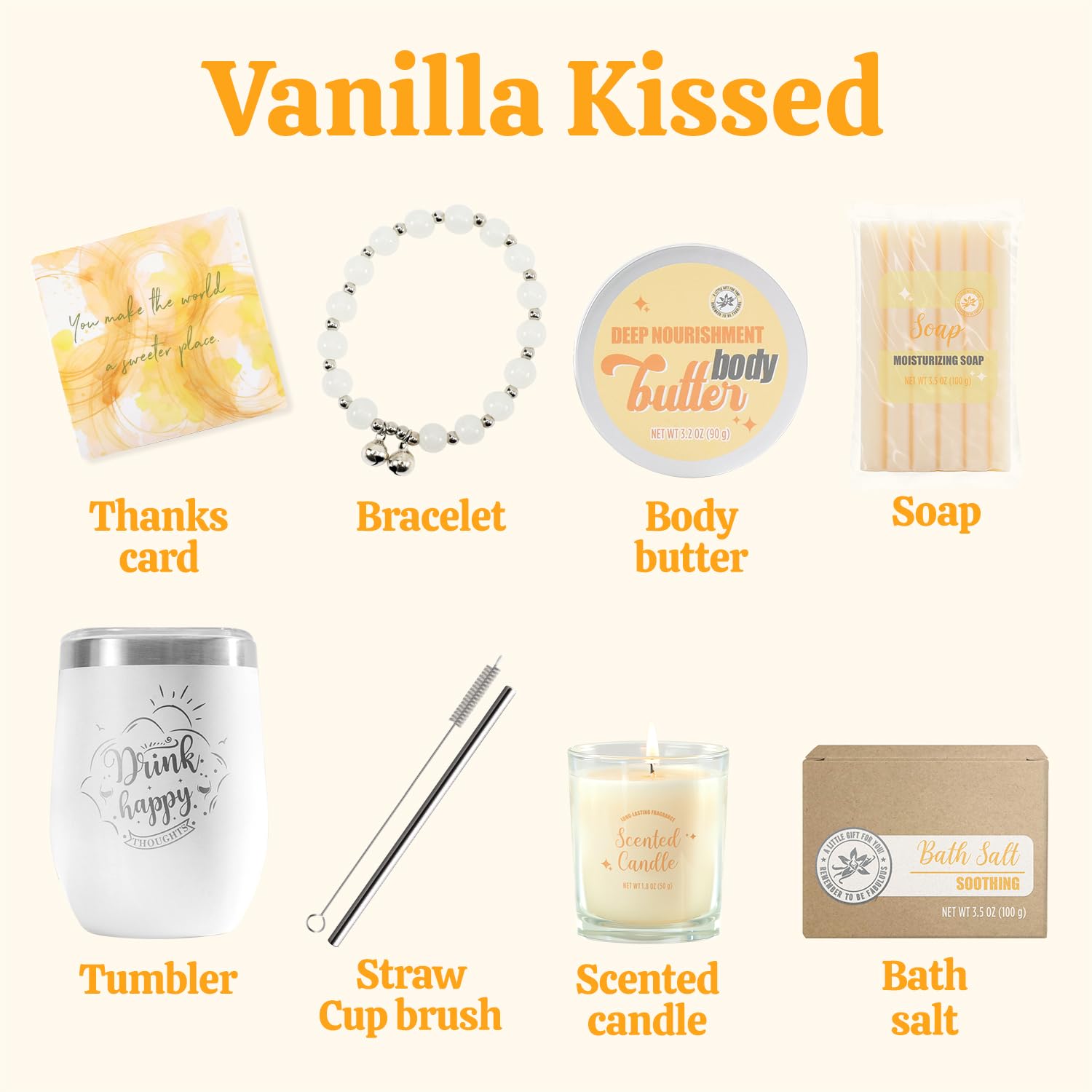 BODY & EARTH vanilla spa gift box open layout featuring bracelet and tumbler