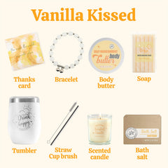 BODY & EARTH vanilla spa gift box open layout featuring bracelet and tumbler