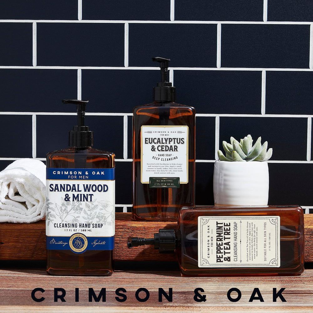 Body Prescriptions Crimson and Oak eucalyptus cedar hand soap bottle showcasing invigorating scent