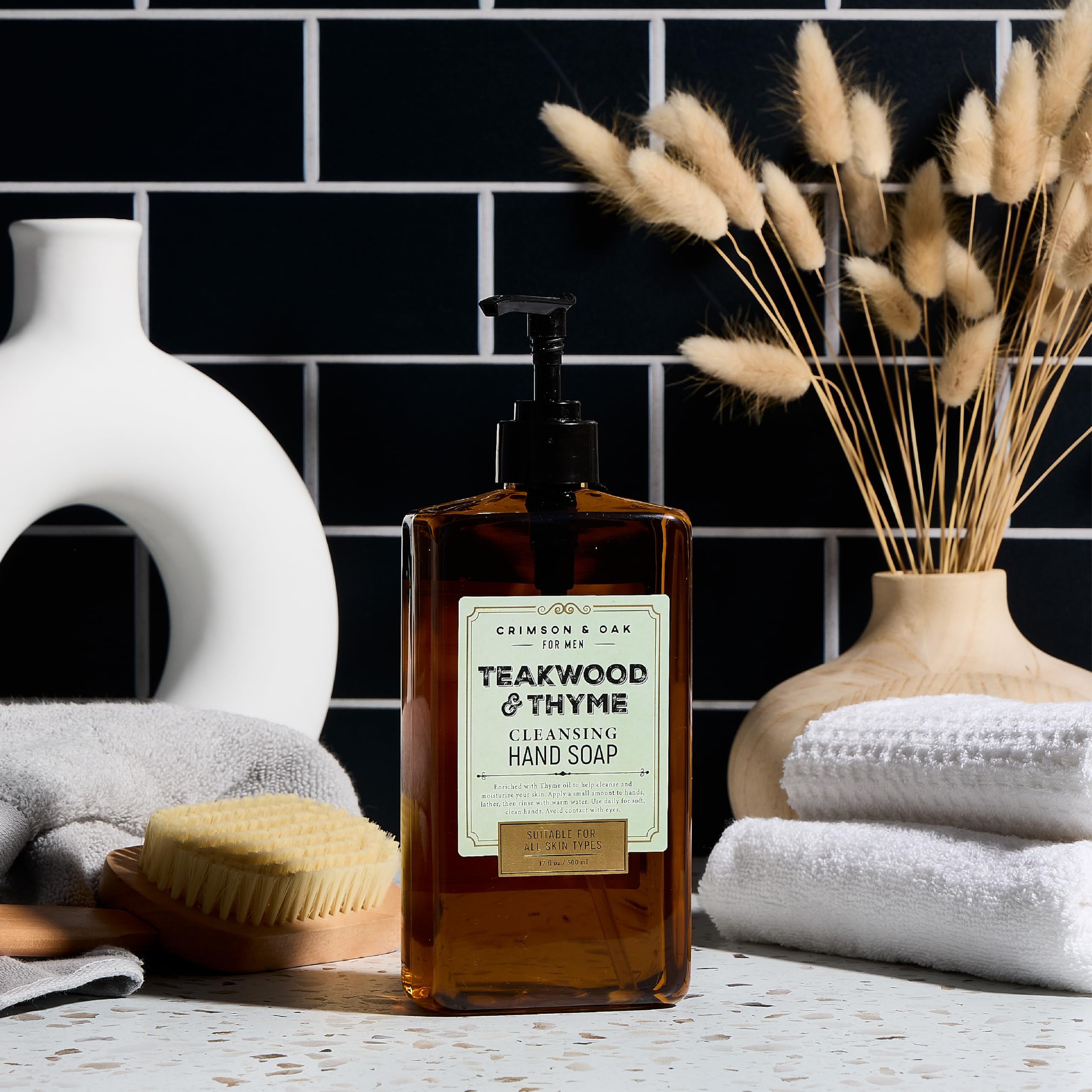 Body Prescriptions Crimson and Oak hand soap closeup of pump bottle revealing Teakwood and Thyme fragrance