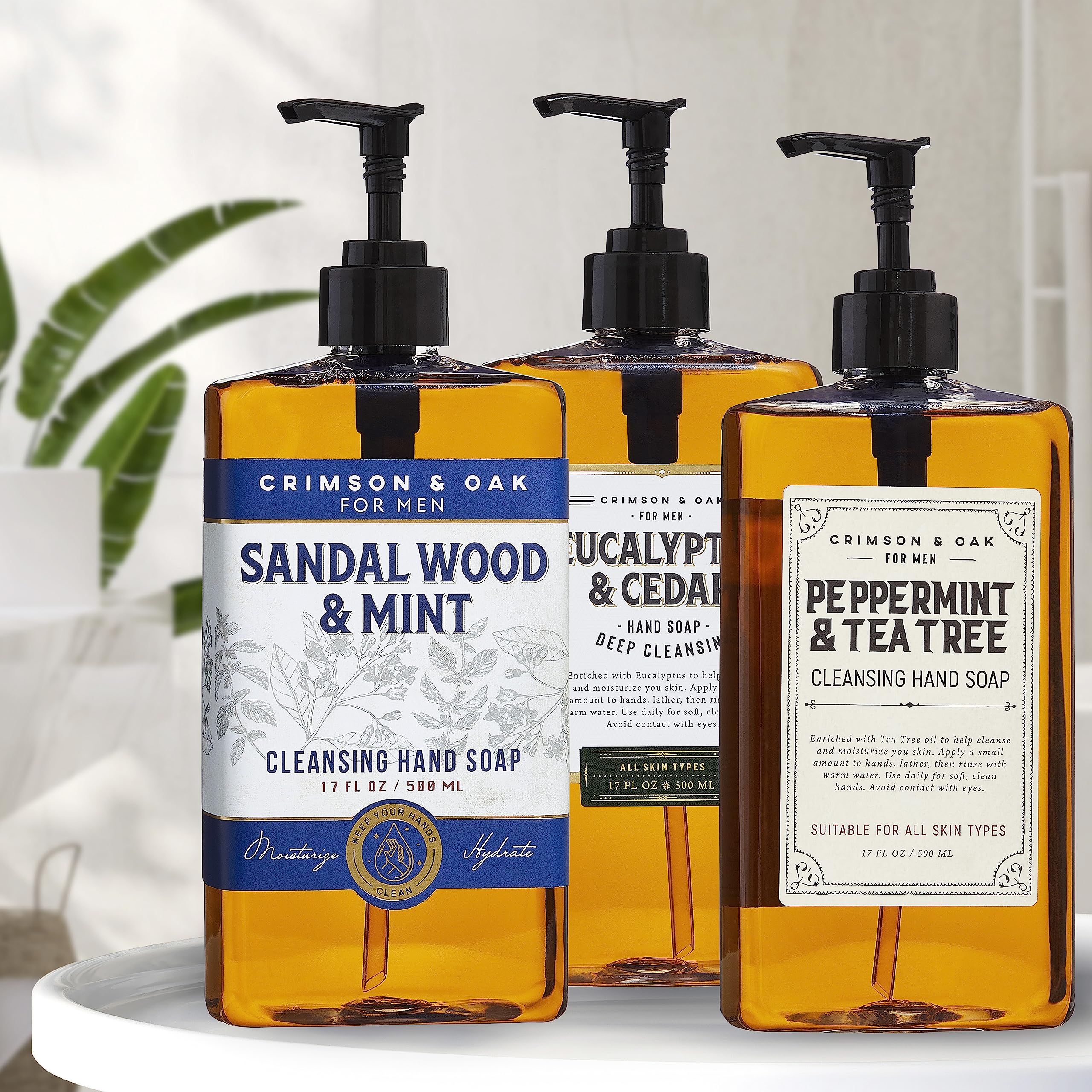Body Prescriptions Crimson and Oak sandalwood mint hand soap bottle featuring calming aroma