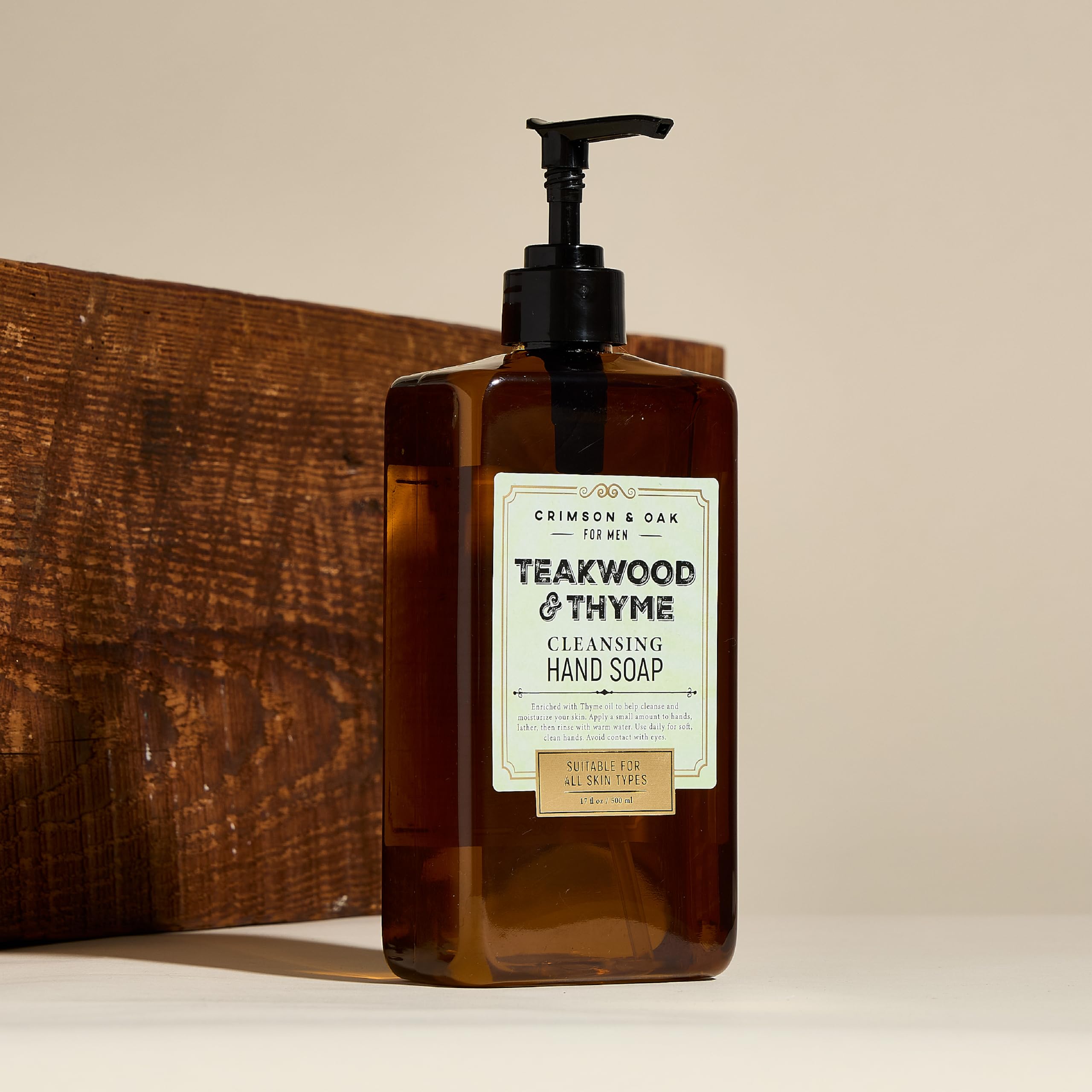 Body Prescriptions Crimson and Oak hand wash in clear dispenser enhances daily routine with fresh teakwood scent