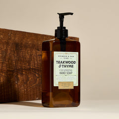 Body Prescriptions Crimson and Oak hand wash in clear dispenser enhances daily routine with fresh teakwood scent
