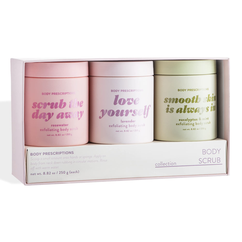 Body Prescriptions exfoliating scrub lavender bottle highlights soothing scent and potential daily skin renewal.